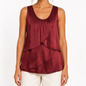 Talbots 100%‎ Silk Tiered Ruffle Tank Blouse Burgundy Wine Scoop Neck 4 Elevated